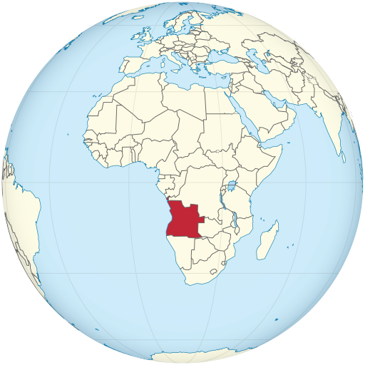 Angola highlighted on a globe, on the southwest coast of Africa