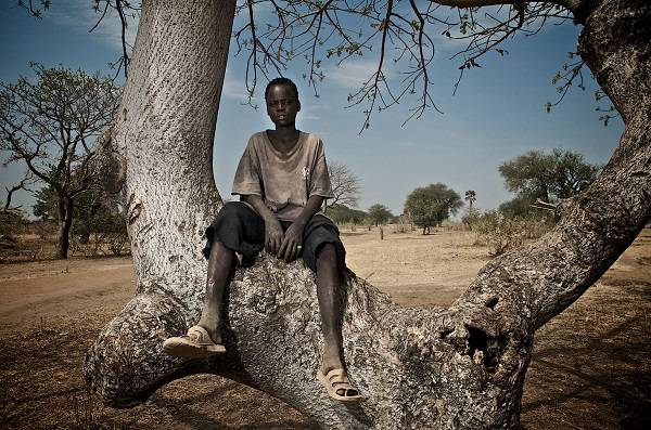 Boy in South Sudan, sitting on tree